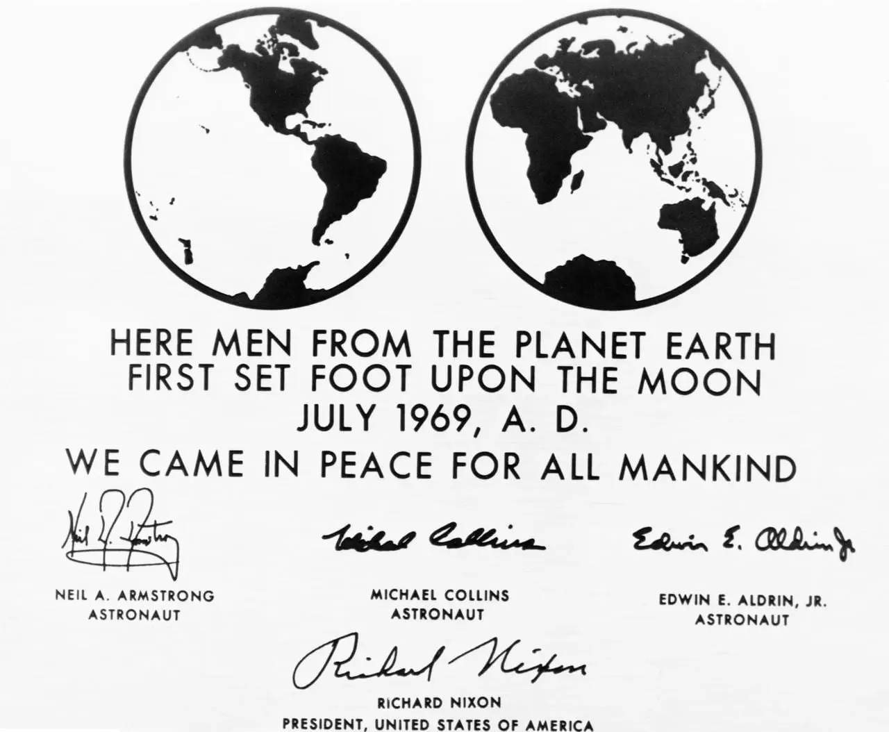 Panel of the Apollo 11 lander, detailing We Came In Peace for All Mankind
